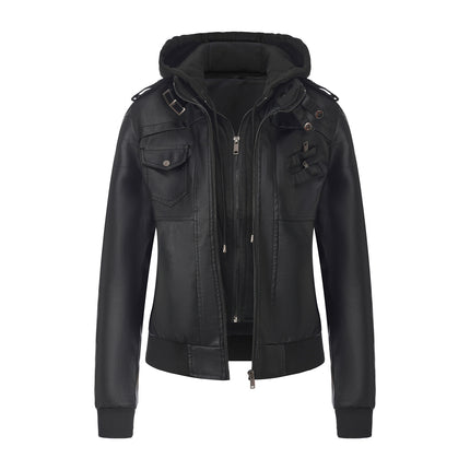 Women's hooded PU faux leather biker jacket modeling and design details 18