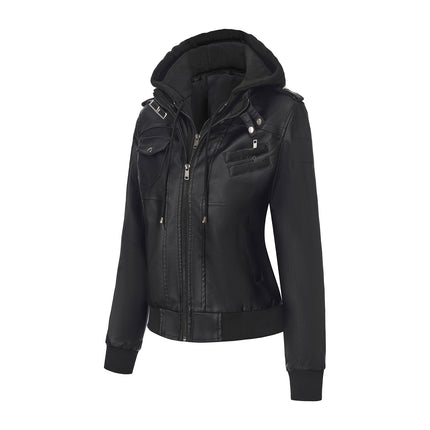 Women's hooded PU faux leather biker jacket modeling and design details 19