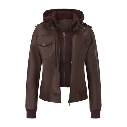 Women's hooded PU faux leather biker jacket modeling and design details 20