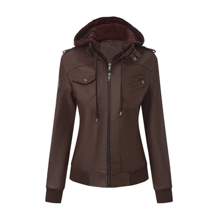 Women's hooded PU faux leather biker jacket modeling and design details 21