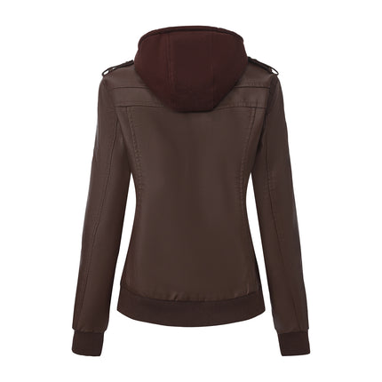 Women's hooded PU faux leather biker jacket modeling and design details 22