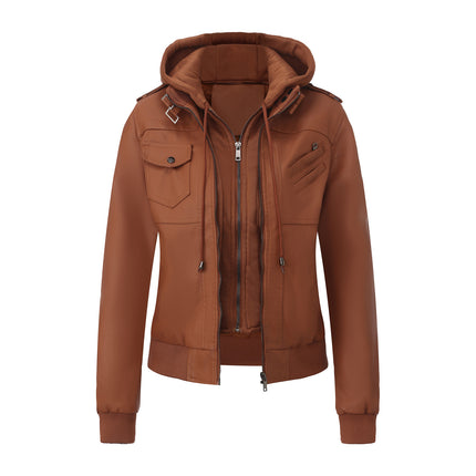 Women's hooded PU faux leather biker jacket modeling and design details 23