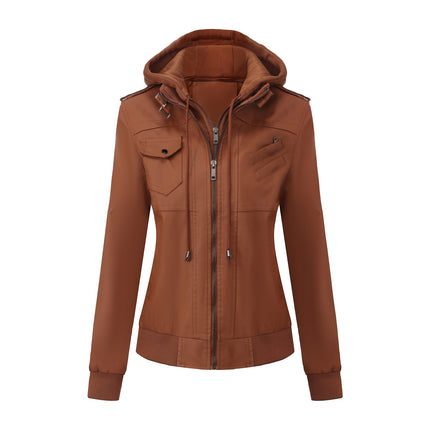 Women's hooded PU faux leather biker jacket modeling and design details 24
