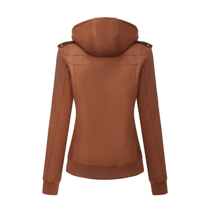 Women's hooded PU faux leather biker jacket modeling and design details 25