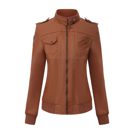 Women's hooded PU faux leather biker jacket modeling and design details 26
