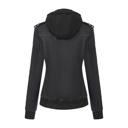 Women's hooded PU faux leather biker jacket modeling and design details 27