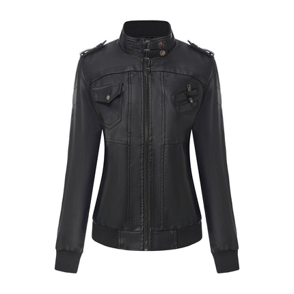 Women's hooded PU faux leather biker jacket modeling and design details 28