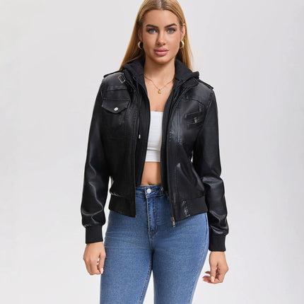 Women's hooded faux leather zip-up jacket main-01 original product photograph