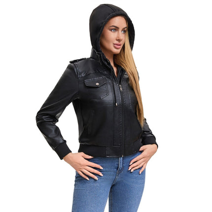Women's hooded faux leather zip-up jacket main-02 original product photograph