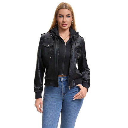 Women's hooded faux leather zip-up jacket main-03 original product photograph