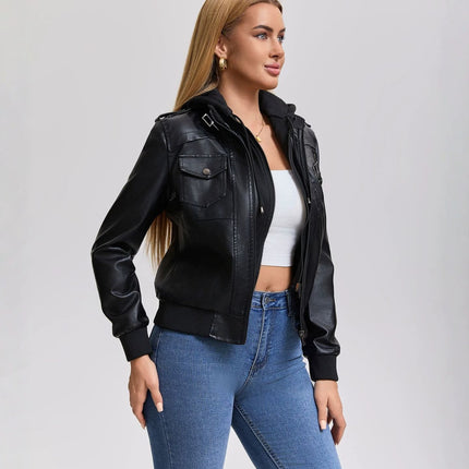 Women's hooded faux leather zip-up jacket main-04 original product photograph