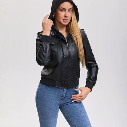 Women's hooded faux leather zip-up jacket main-05 original product photograph