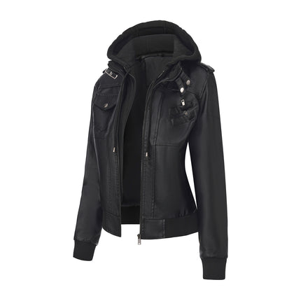 Women's hooded faux leather zip-up jacket main-06 original product photograph