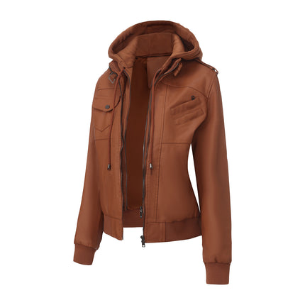 Women's hooded faux leather zip-up jacket main-08 original product photograph