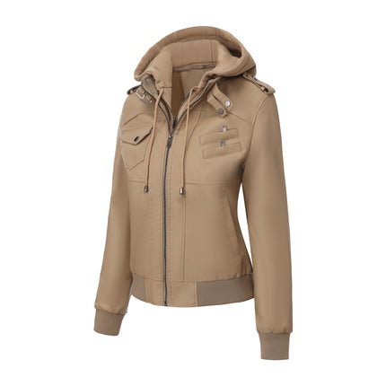 Women's hooded faux leather zip-up jacket main-09 original product photograph