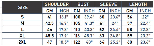Women's hooded faux leather motorcycle jacket size chart S to 2XL, cm and inches