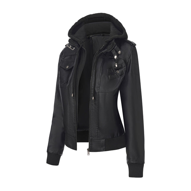 Women's hooded faux leather zip-up jacket sku-01 original product photograph