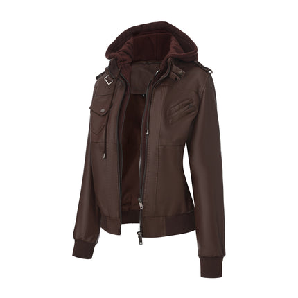 Women's hooded faux leather zip-up jacket sku-02 original product photograph