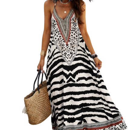 Womens Dresses Animal Print Halter Deep V Ruffle Maxi Dress Casual Chic Lightweight Basic Summer Sundress