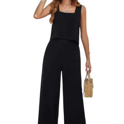 Women Summer Vacation Two Pieces Square Neck Sleeveless Solid Sets Beach Fashion Clothes