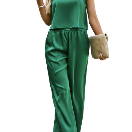 Women's Summer Fashion Solid Color Outfits Two Pieces Sleeveless Solid Wide Leg Pants Sets