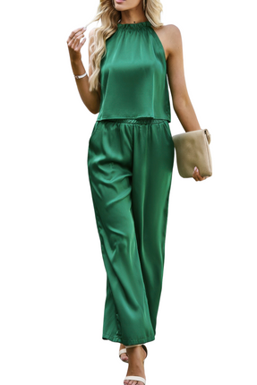 Women's Summer Fashion Solid Color Outfits Two Pieces Sleeveless Solid Wide Leg Pants Sets