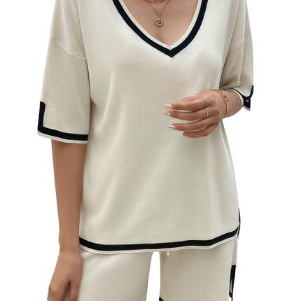 Women's Summer Short Sleeve 2-Piece Set Knit Solid Deep V Neck Loose Drawstring Loose Set