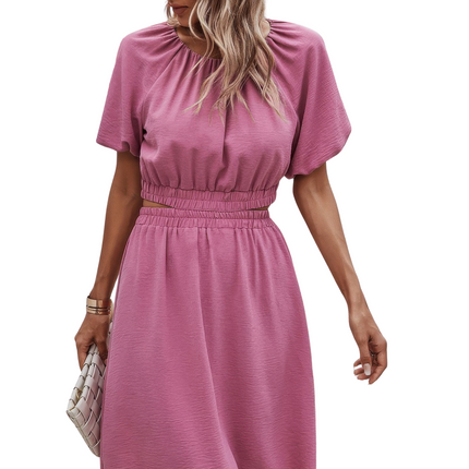 Women's Summer Short Top Loose Skirt Same Style Two Pieces Solid Basic Elastic Round Neck Sets