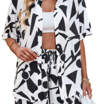 Women's Summer Casual Fashion Outfits Two Piece Printed Button Down Elastic Waist Sets