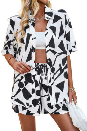 Women's Summer Casual Fashion Outfits Two Piece Printed Button Down Elastic Waist Sets
