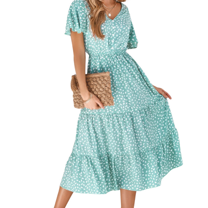 Womens Dresses V Neck Ruffles Tiered Sleeve Smocked Midi Dress Casual Chic Lightweight Summer Sundress