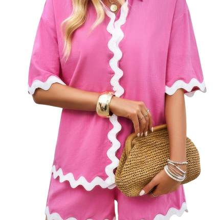 Women's Summer Vacation 2-Piece Set Wave Interlaced Linen Loose Fit Shorts Sets