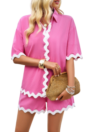 Women's Summer Vacation 2-Piece Set Wave Interlaced Linen Loose Fit Shorts Sets
