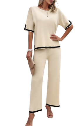Women's Summer Fashion Outfits Two Pieces Outfits Knit Short Sleeve Wide Leg pants Loun