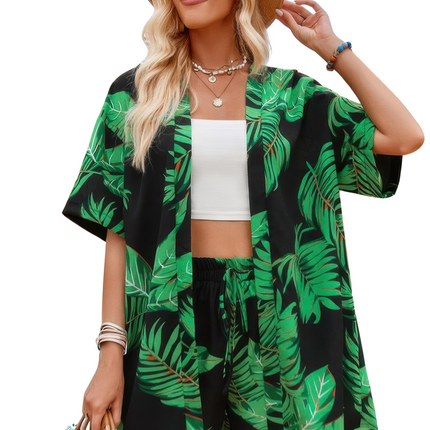 Women's Summer Casual Fashion Two Pieces Tropical Print Kimono Elastic Waist Vacation Set
