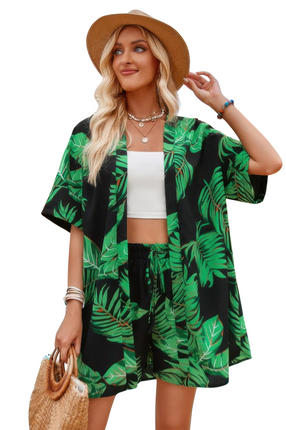 Women's Summer Casual Fashion Two Pieces Tropical Print Kimono Elastic Waist Vacation Set
