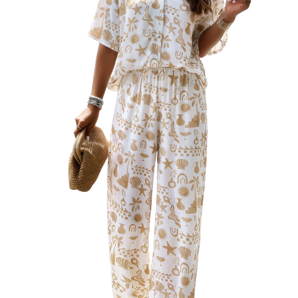 Women's Summer Fashion 2-piece Set Full Body Printed Shirt Short Sleeve Loose Pants Set