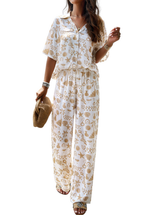 Women's Summer Fashion 2-piece Set Full Body Printed Shirt Short Sleeve Loose Pants Set