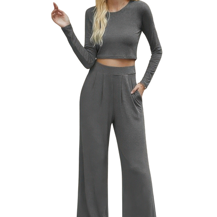 Women's Yoga Long Sleeve Sports Suit Two Pieces Crew Neck Solid Pockets Wide-leg Pants Set