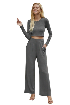 Women's Yoga Long Sleeve Sports Suit Two Pieces Crew Neck Solid Pockets Wide-leg Pants Set