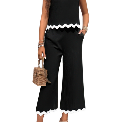 Women's Summer Casual T-shirt Set Two Pieces Printed Sleeveless Pockets Cropped Pants Sets