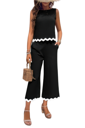 Women's Summer Casual T-shirt Set Two Pieces Printed Sleeveless Pockets Cropped Pants Sets