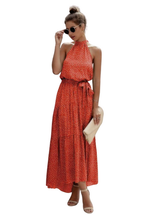 Womens Summer Dresses Tie Back Polka Dot Ruffle Hem Halter Dress Casual Chic Lightweight Maxi Dress
