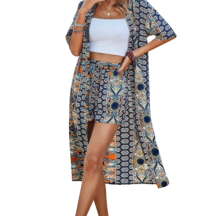 Women's Summer 2 Piece Outfits Half Sleeve Allover Print Kimono And Short Sets
