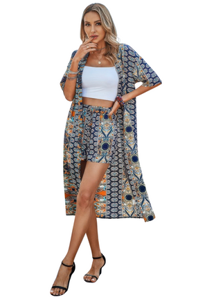 Women's Summer 2 Piece Outfits Half Sleeve Allover Print Kimono And Short Sets