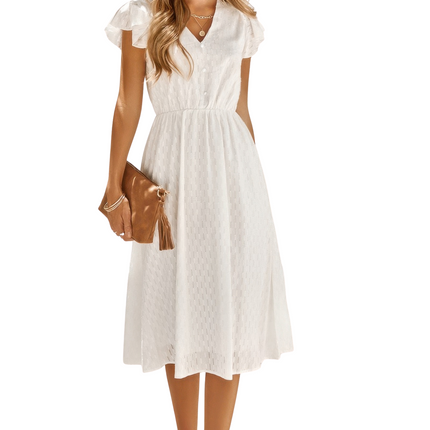 Womens Dresses V Neck Short Sleeve Solid Ruffle A Line Midi Dress Casual Chic Lightweight Summer Sundress