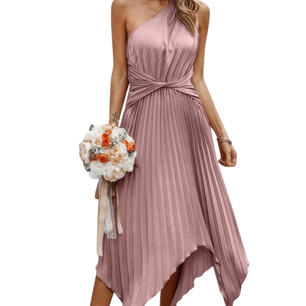 Womens Dresses Twist Front Pleated One Shoulder Long Dress Casual Chic Lightweight Basic Summer Sundress