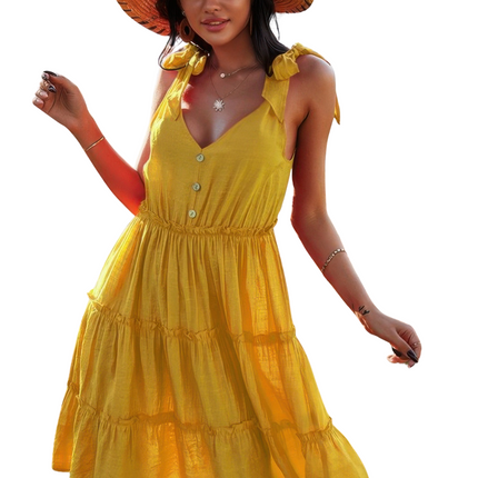 Womens Dresses Sleeveless Button Ruffle Swing Pleated Dress Casual Chic Lightweight Basic Summer Sundress