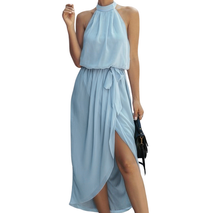Womens Dresses Halter Neck Empire Waist Spilt Dress Casual Chic Lightweight Basic Summer Sundress