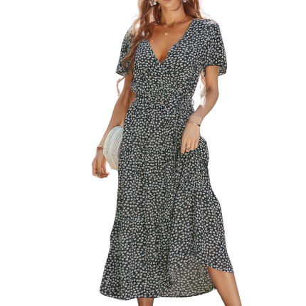Womens Dresses V Neck Short Sleeve Flower Print Dress Casual Chic Lightweight Basic Summer Sundress